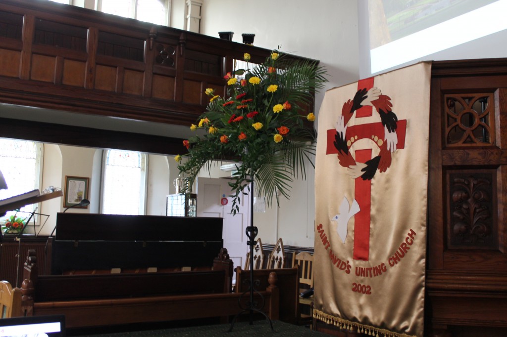 St. David's Uniting Church, view of pulpit with church banner
