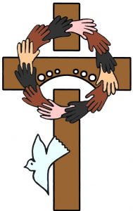 St David's Uniting Church logo showing a cross circled by hands. The Old Bridge forms the arm of the cross and there is a dove at the base.